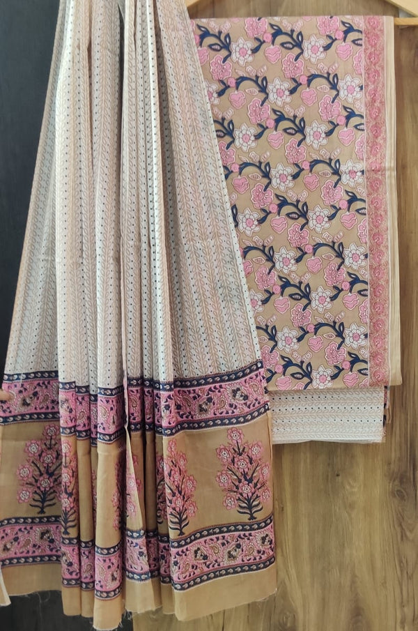 Designer Hand Block Print Pure Cotton Suit With Cotton Mulmul Dupatta - Leheriya