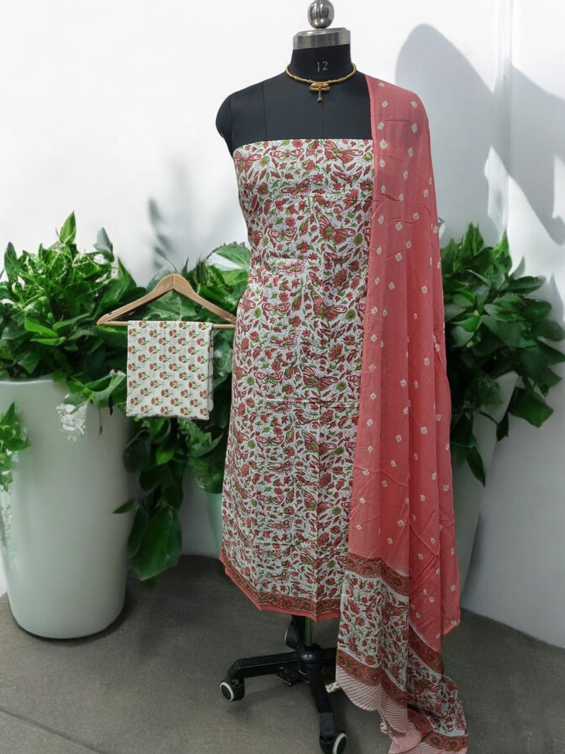 Designer Hand Block Print Pure Cotton Suit With Cotton Mulmul Dupatta - Leheriya