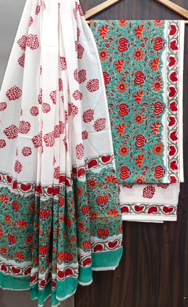 Designer Hand Block Print Pure Cotton Suit With Cotton Mulmul Dupatta - Leheriya