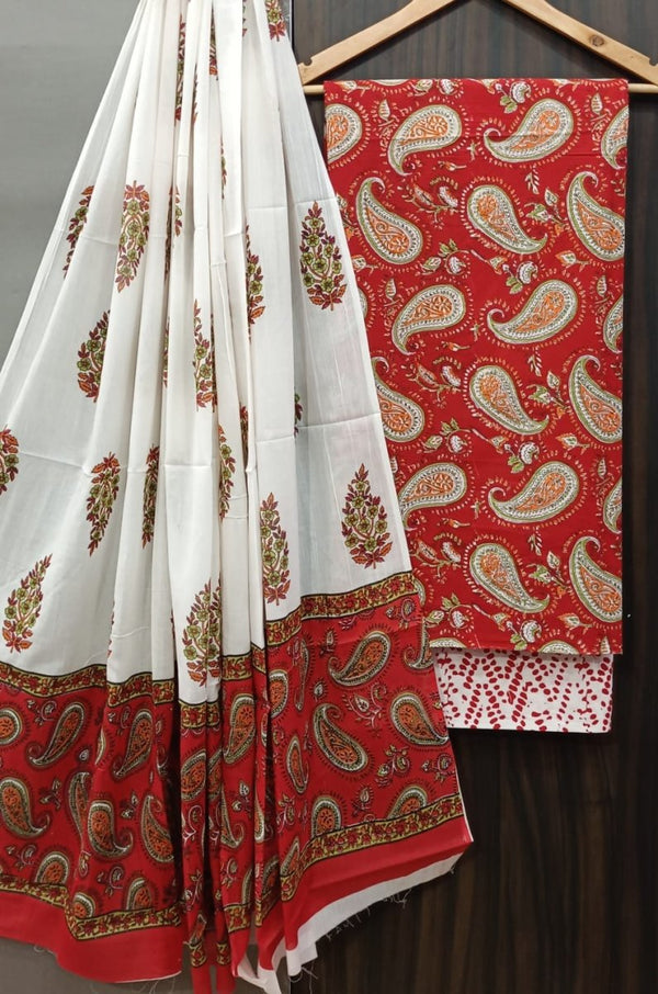 Designer Hand Block Print Pure Cotton Suit With Cotton Mulmul Dupatta - Leheriya