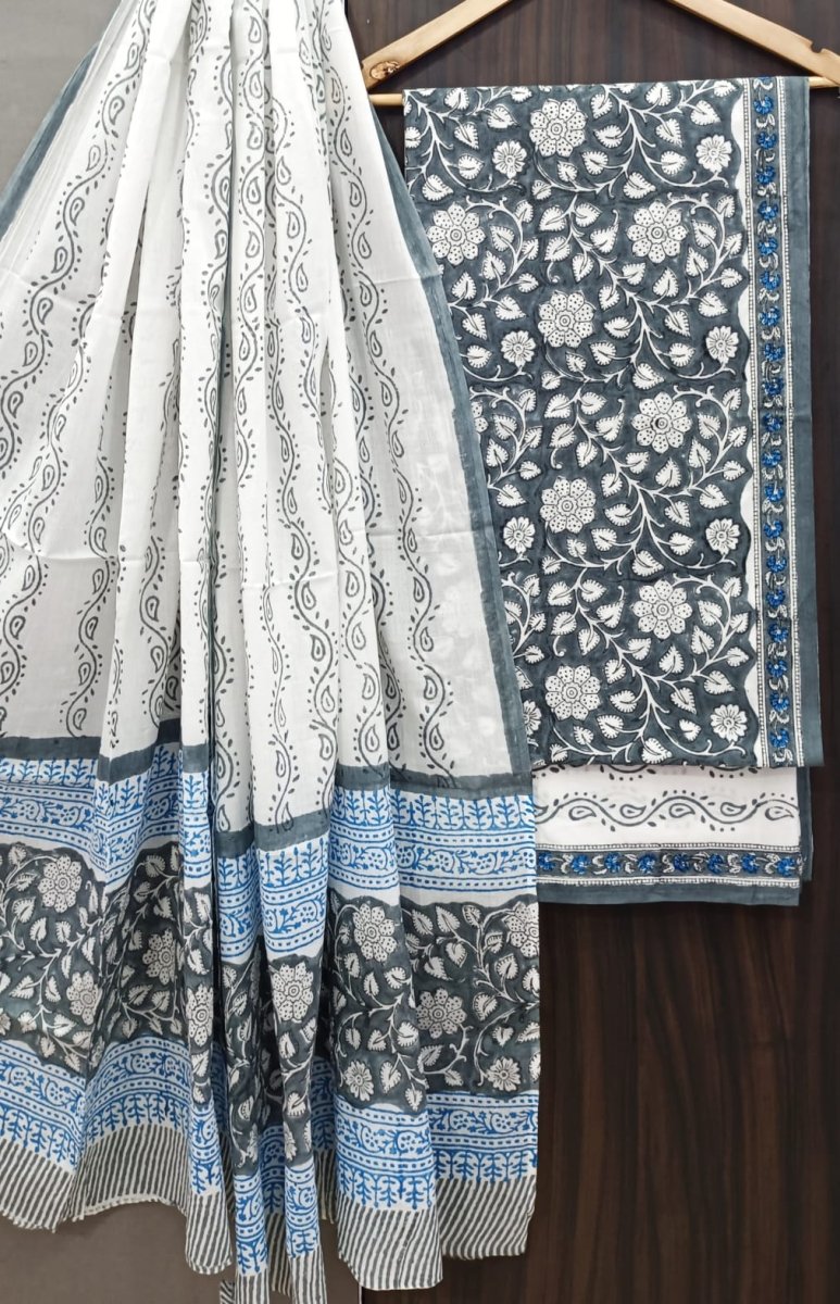 Designer Hand Block Print Pure Cotton Suit With Cotton Mulmul Dupatta - Leheriya