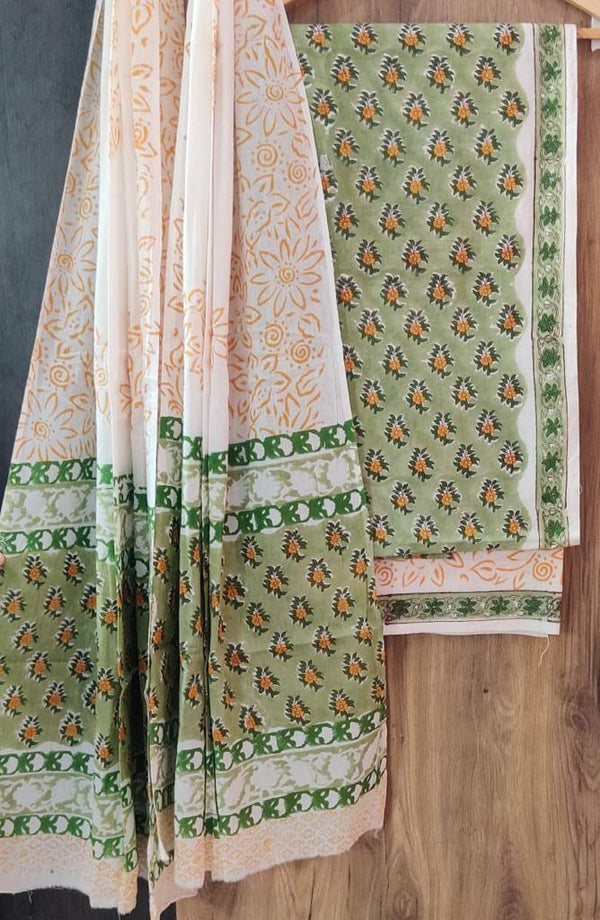 Designer Hand Block Print Pure Cotton Suit With Cotton Mulmul Dupatta - Leheriya