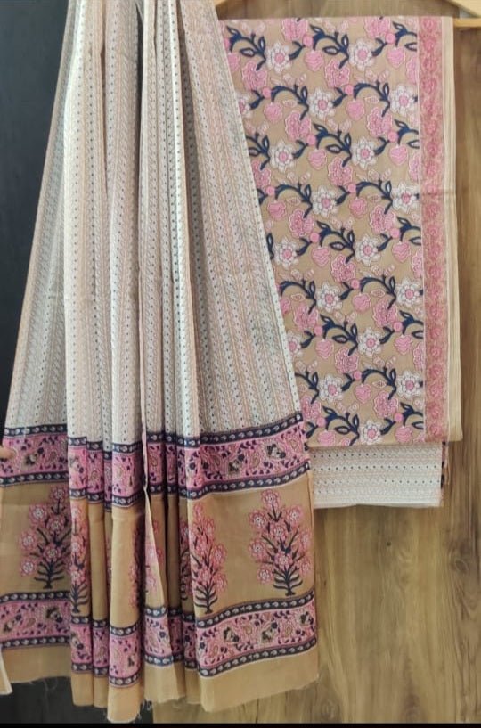 Designer Hand Block Print Pure Cotton Suit With Cotton Mulmul Dupatta - Leheriya