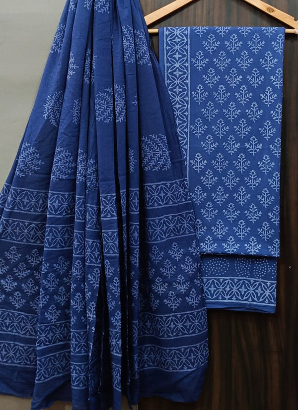 Designer Hand Block Print Pure Cotton Suit With Cotton Mulmul Dupatta - Leheriya