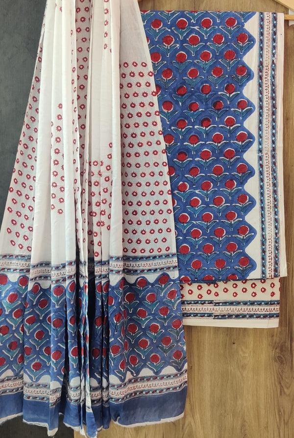 Designer Hand Block Print Pure Cotton Suit With Cotton Mulmul Dupatta - Leheriya