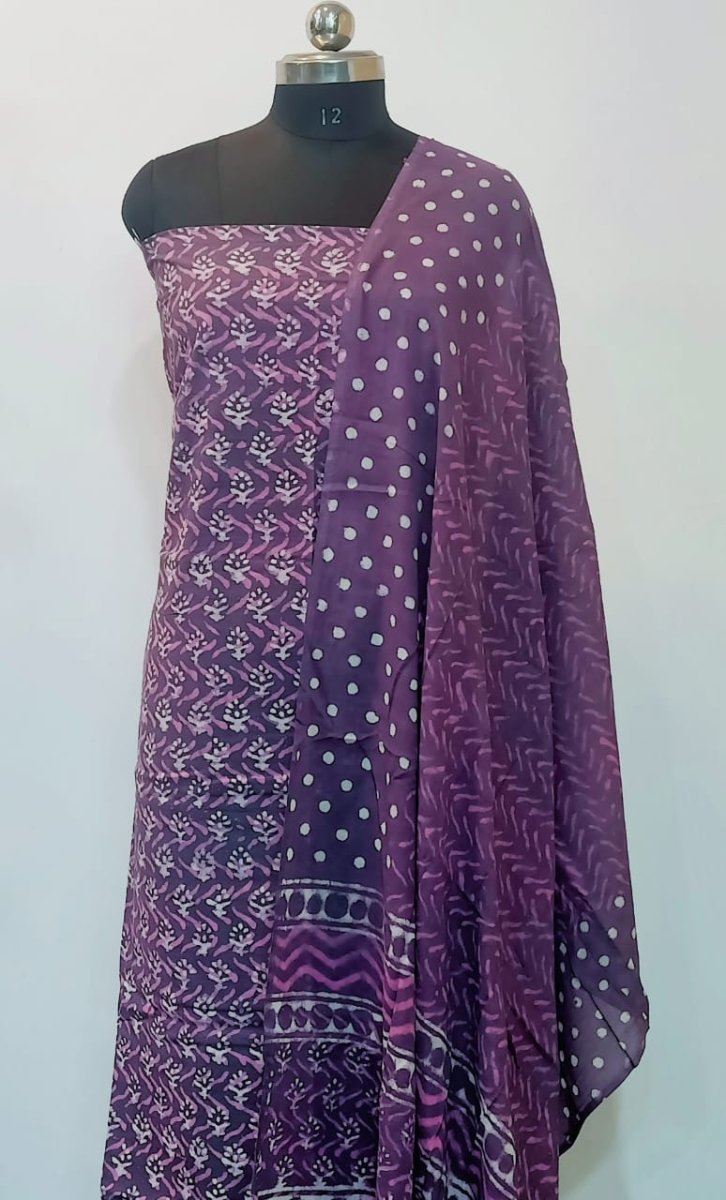 Designer Hand Block Print Pure Cotton Suit With Cotton Mulmul Dupatta - Leheriya