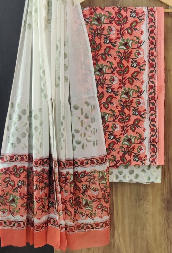 Designer Hand Block Print Pure Cotton Suit With Cotton Mulmul Dupatta - Leheriya