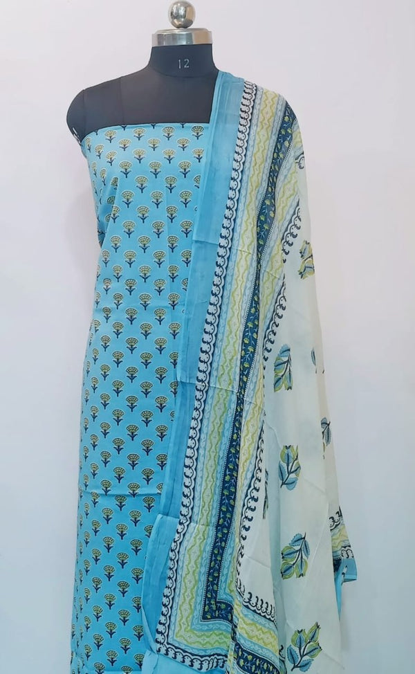 Designer Hand Block Print Pure Cotton Suit With Cotton Mulmul Dupatta - Leheriya