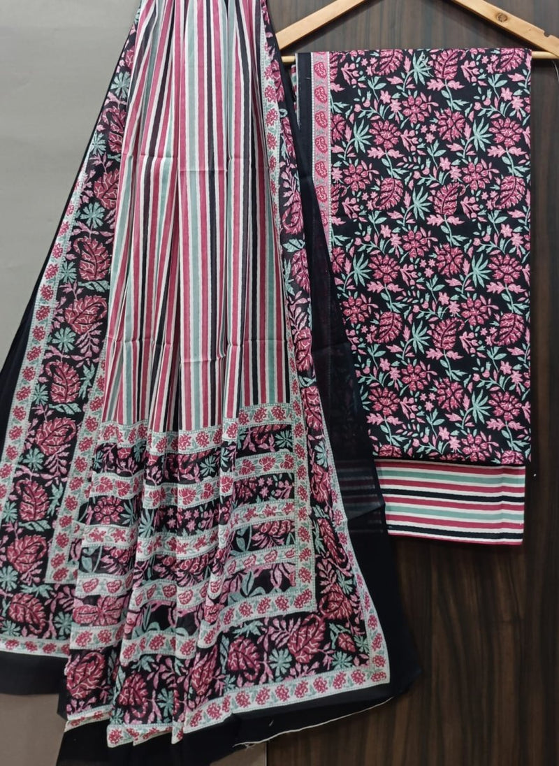 Designer Hand Block Print Pure Cotton Suit With Cotton Mulmul Dupatta - Leheriya