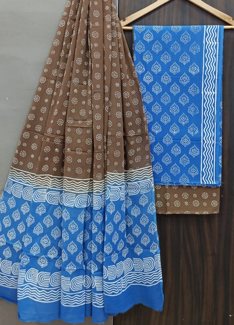 Designer Hand Block Print Pure Cotton Suit With Cotton Mulmul Dupatta - Leheriya