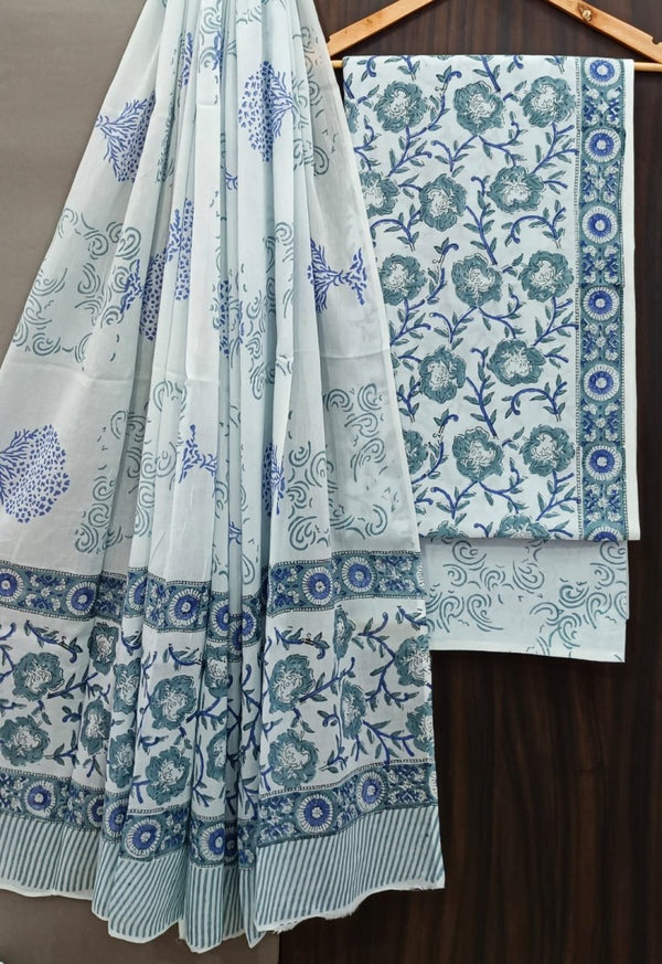 Designer Hand Block Print Pure Cotton Suit With Cotton Mulmul Dupatta - Leheriya