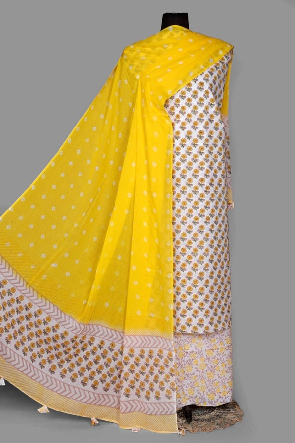 Designer Hand Block Print Pure Cotton Suit With Cotton Mulmul Dupatta - Leheriya