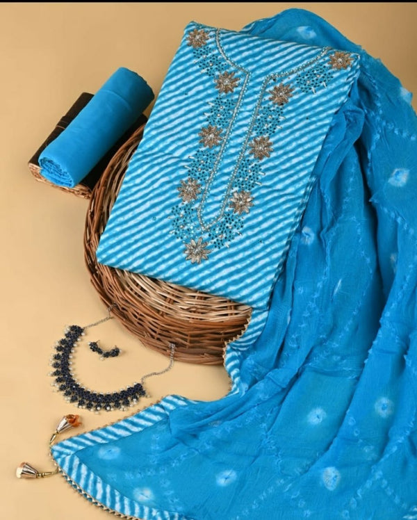 Designer Hand Block Print Pure Mul Cotton Neckwork Suit With Chiffon Dupatta - Leheriya