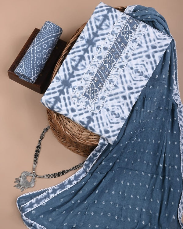 Designer Hand Block Print Pure Mul Cotton Neckwork Suit With Chiffon Dupatta - Leheriya