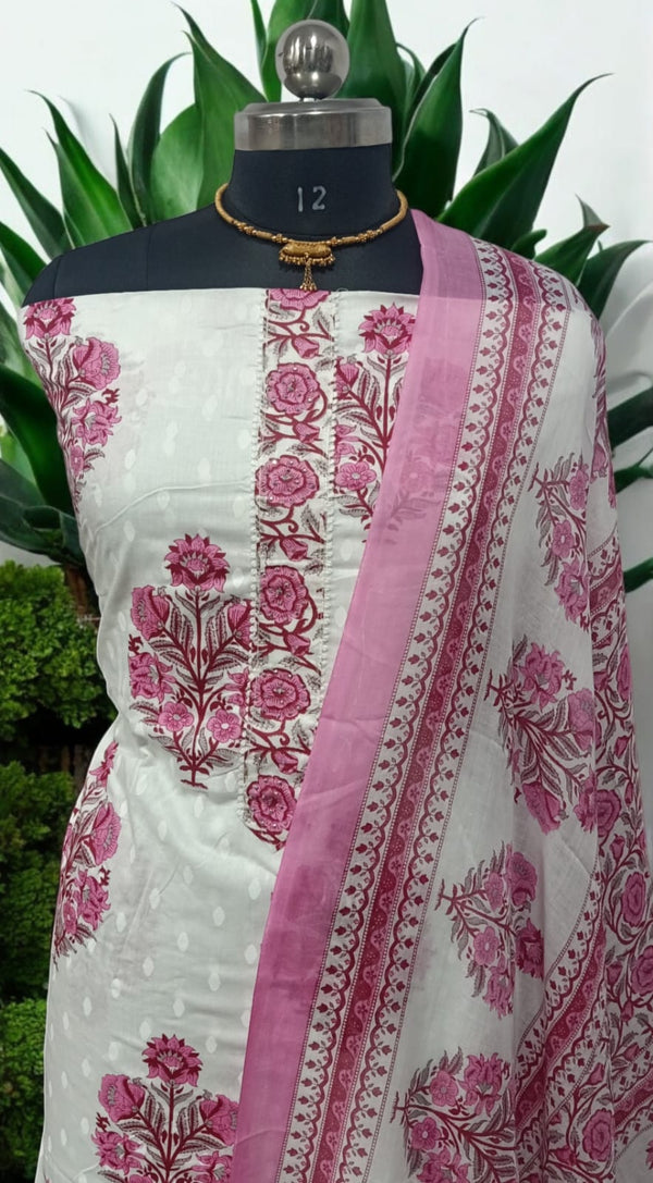 Designer Hand Block Print Pure Mul Cotton Neckwork Suit With Cotton Mulmul Dupatta - Leheriya