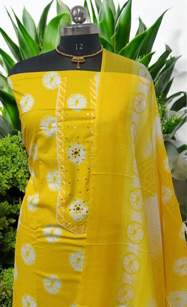 Designer Hand Block Print Pure Mul Cotton Neckwork Suit With Cotton Mulmul Dupatta - Leheriya