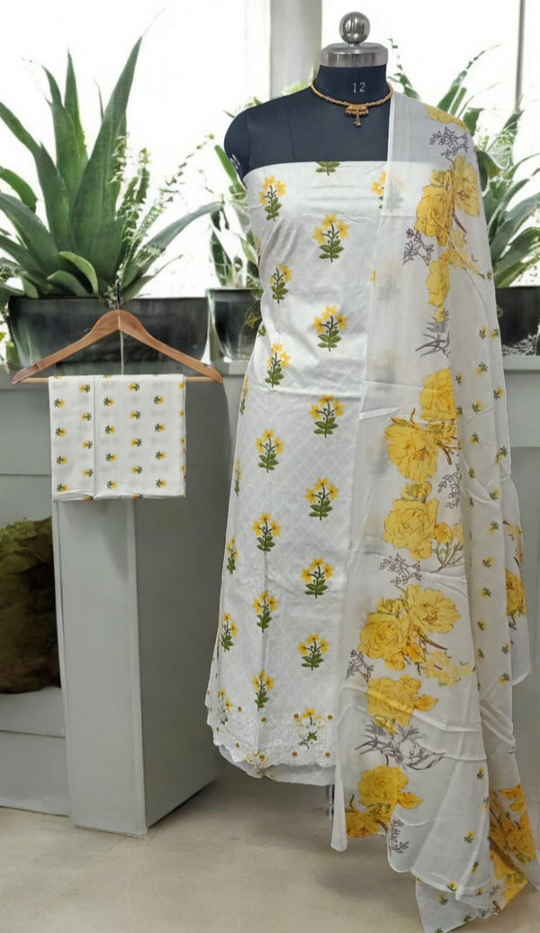 Designer Hand Block Print Pure Mul Cotton Neckwork Suit With Cotton Mulmul Dupatta - Leheriya