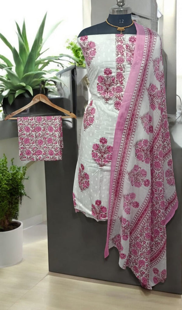 Designer Hand Block Print Pure Mul Cotton Neckwork Suit With Cotton Mulmul Dupatta - Leheriya