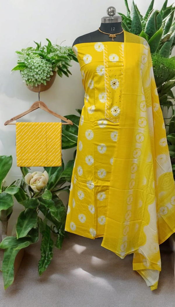 Designer Hand Block Print Pure Mul Cotton Neckwork Suit With Cotton Mulmul Dupatta - Leheriya