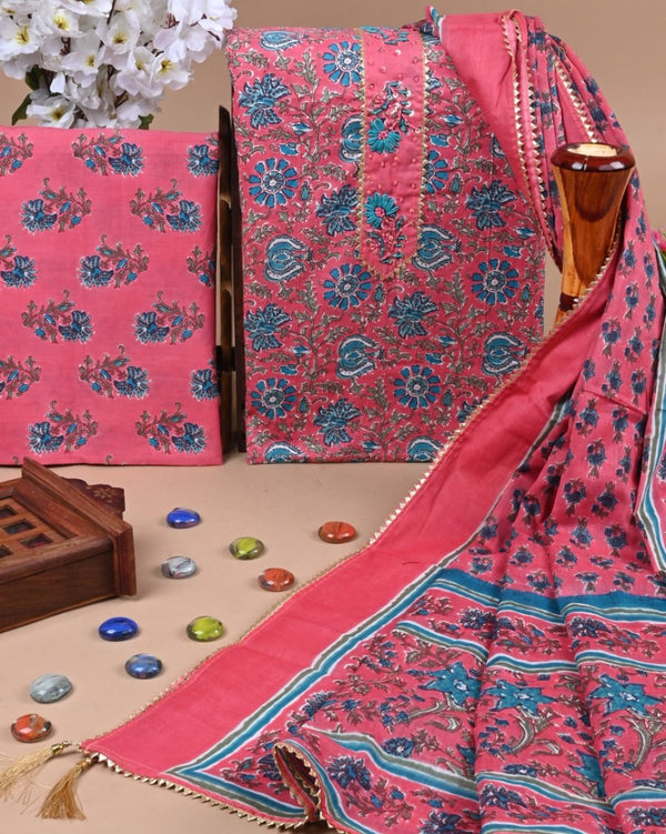 Designer Hand Block Print Pure Mul Cotton Neckwork Suit With Cotton Mulmul Dupatta - Leheriya