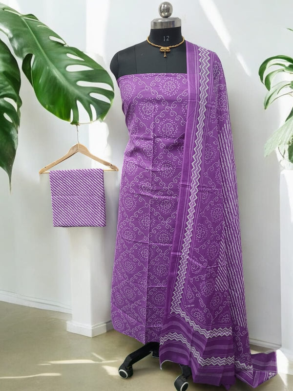 Designer Hand Block Print Pure Mul Cotton Suit With Cotton Dupatta - Leheriya