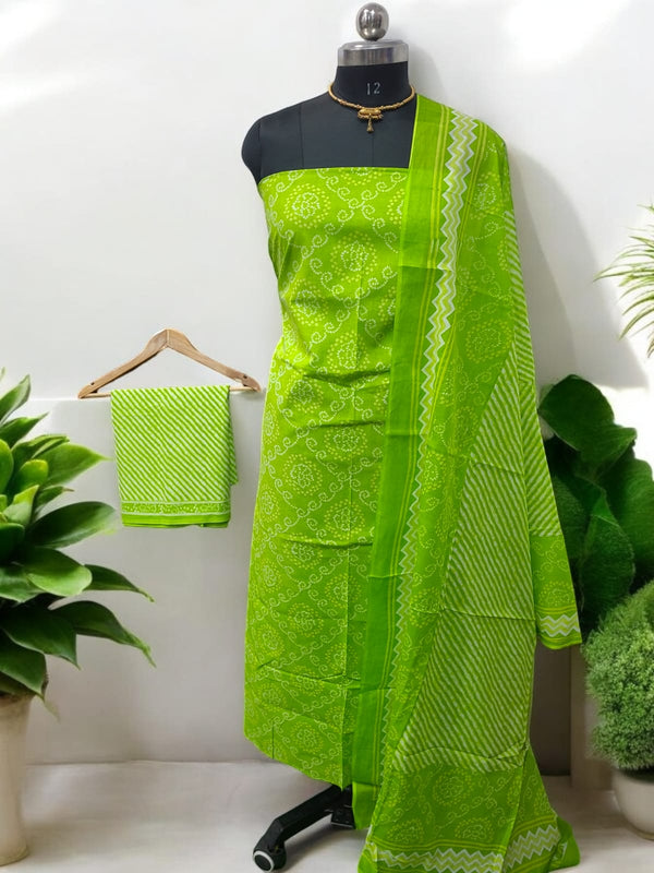 Designer Hand Block Print Pure Mul Cotton Suit With Cotton Dupatta - Leheriya