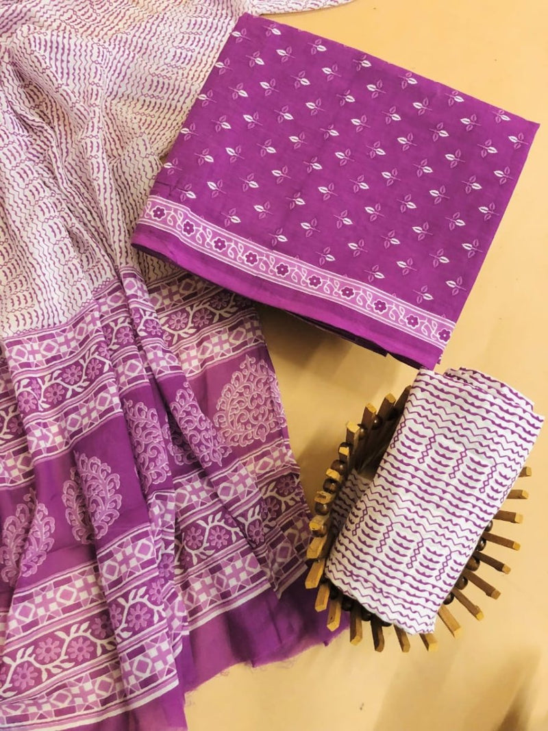 Designer Hand Block Print Pure Mul Cotton Suit With Cotton Dupatta - Leheriya