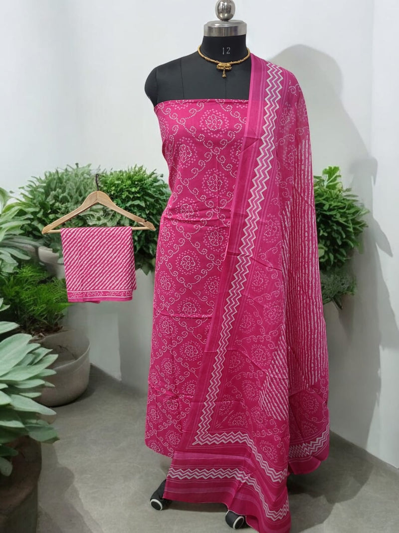 Designer Hand Block Print Pure Mul Cotton Suit With Cotton Dupatta - Leheriya