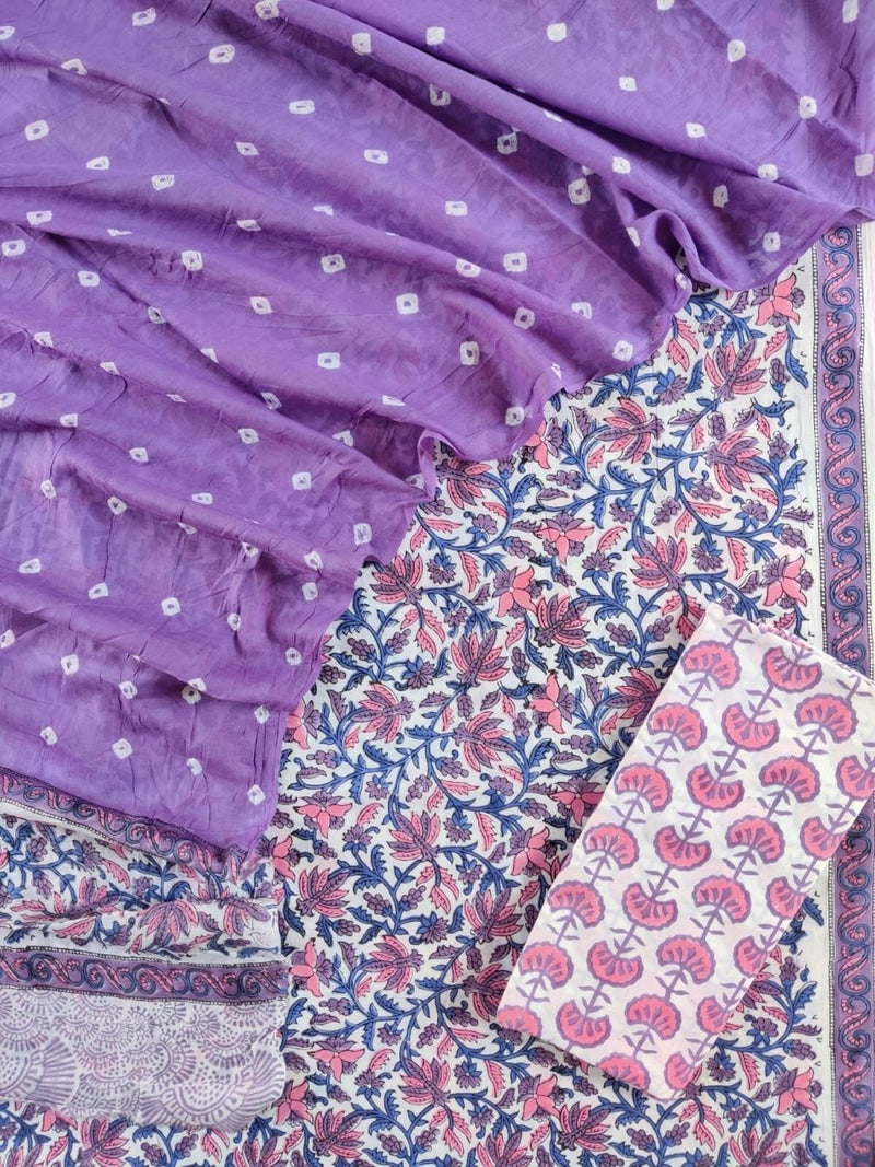 Designer Hand Block Printed Cotton Suits with Mulmul Bandhej Dupatta - Leheriya