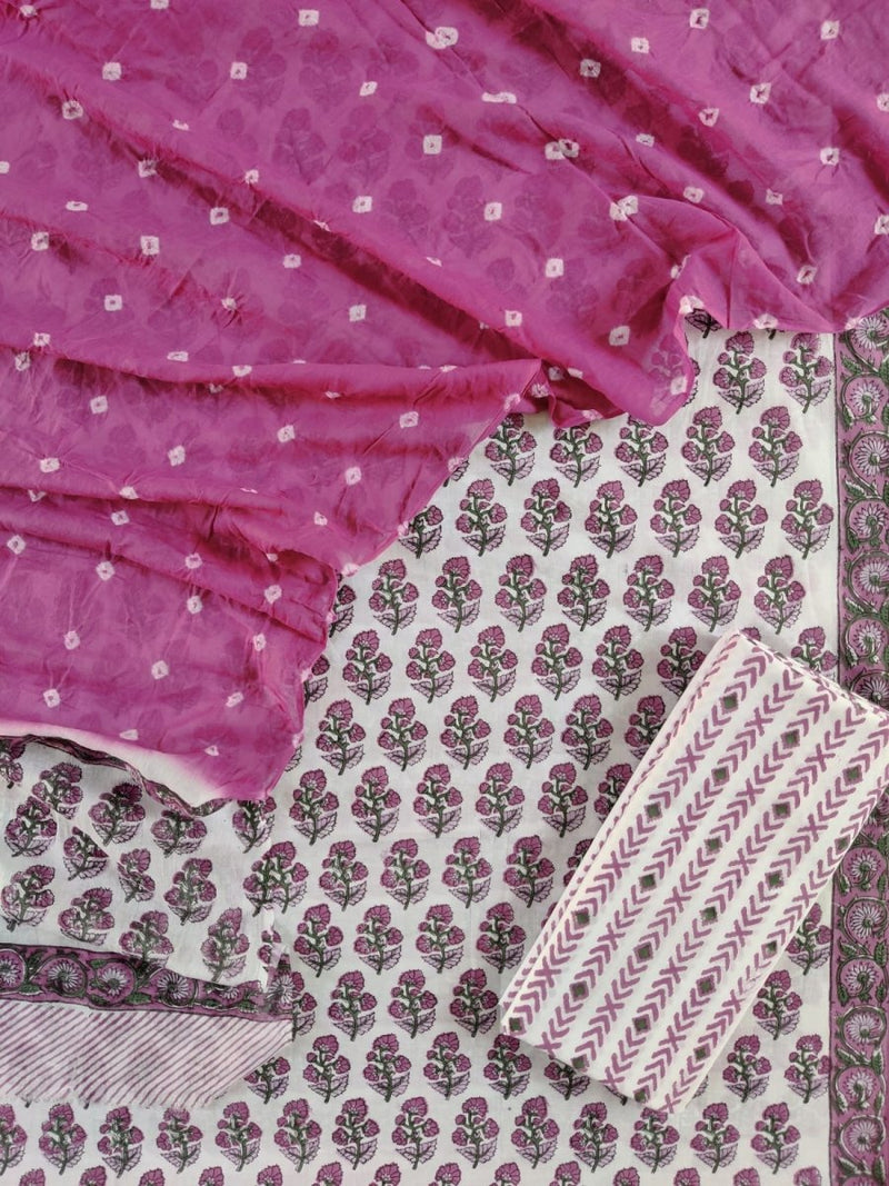 Designer Hand Block Printed Cotton Suits with Mulmul Bandhej Dupatta - Leheriya