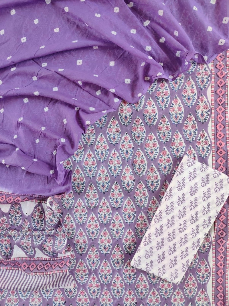 Designer Hand Block Printed Cotton Suits with Mulmul Bandhej Dupatta - Leheriya