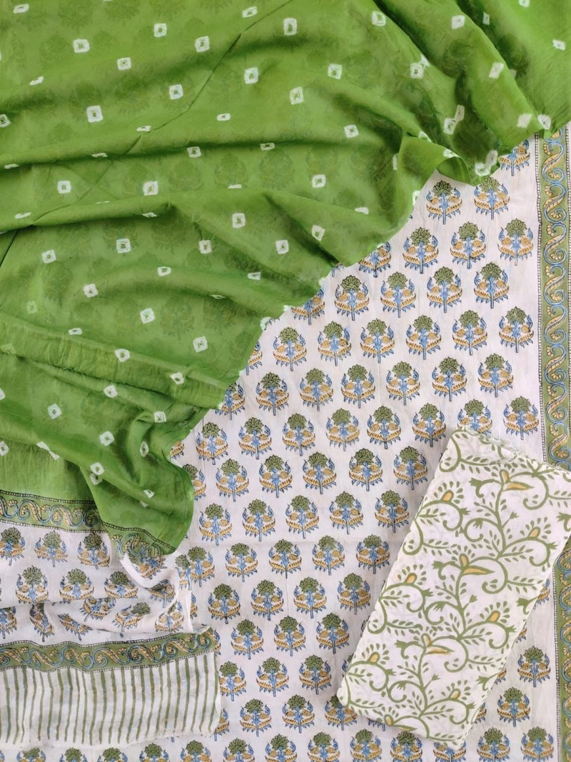 Designer Hand Block Printed Cotton Suits with Mulmul Bandhej Dupatta - Leheriya