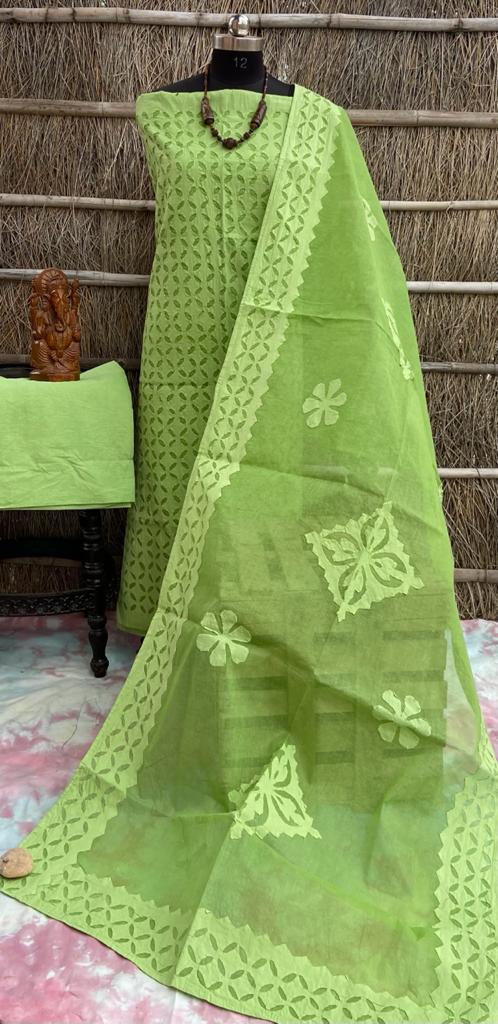 Designer Handcrafted Applique Work Premium Cotton Unstitched Salwar Suit - Leheriya