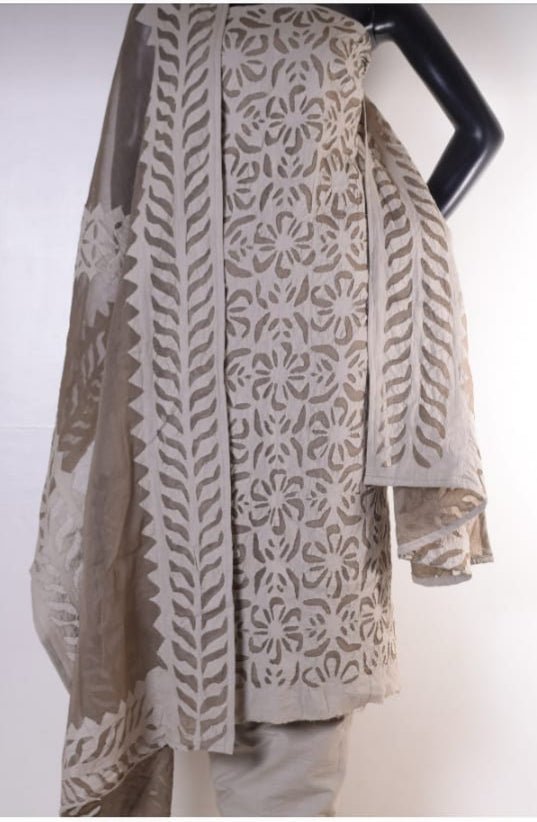 Designer Handcrafted Applique Work Premium Cotton Unstitched Salwar Suit - Leheriya