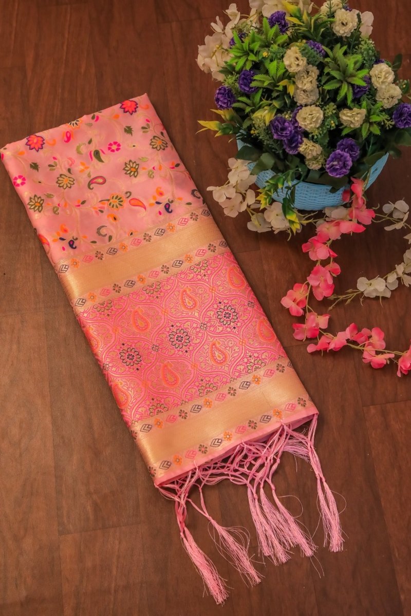 Elegant Paithani Silk Dupatta - Baby Pink - Leheriya