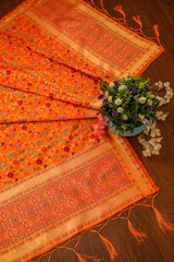 Elegant Paithani Silk Dupatta - Orange - Leheriya