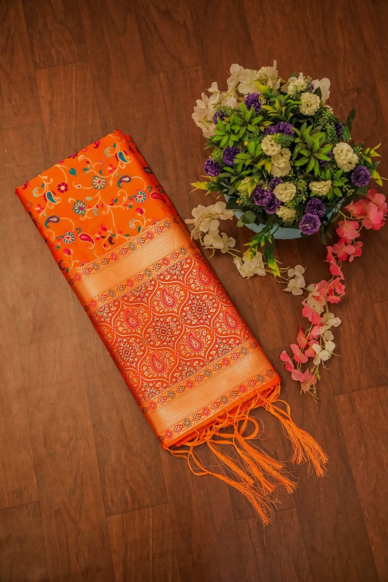 Elegant Paithani Silk Dupatta - Orange - Leheriya