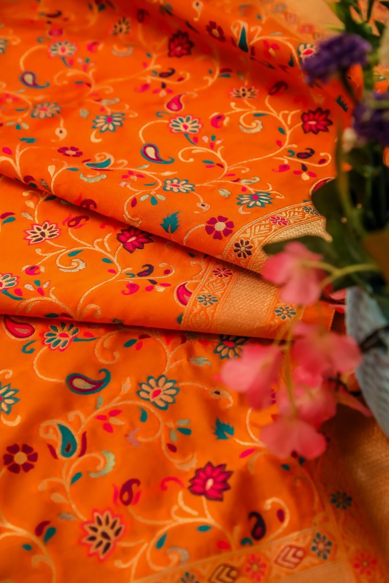 Elegant Paithani Silk Dupatta - Orange - Leheriya