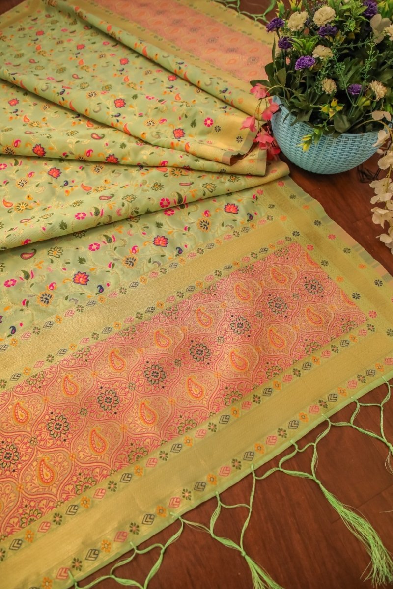 Elegant Paithani Silk Dupatta - Pista Green - Leheriya