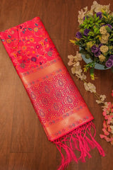 Elegant Paithani Silk Dupatta - Rani Pink - Leheriya