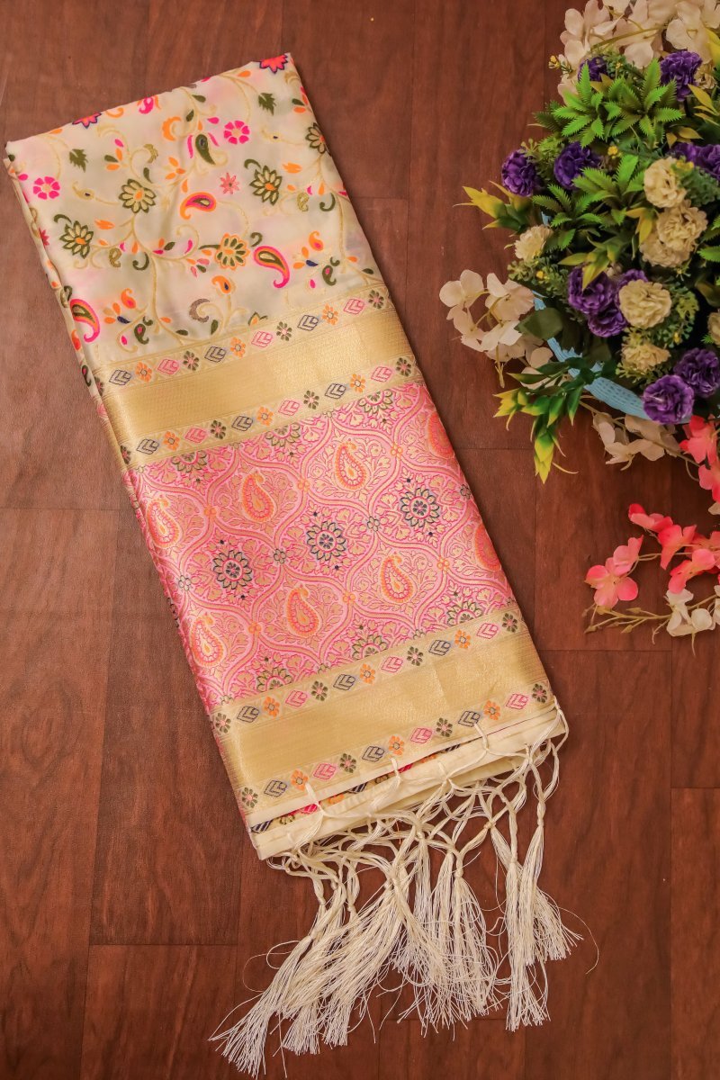 Elegant Paithani Silk Dupatta - White - Leheriya