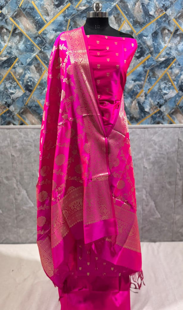 Exclusive Banarasi 3 pc Katan Silk Unstitched Salwar Suit with Dupatta - Leheriya