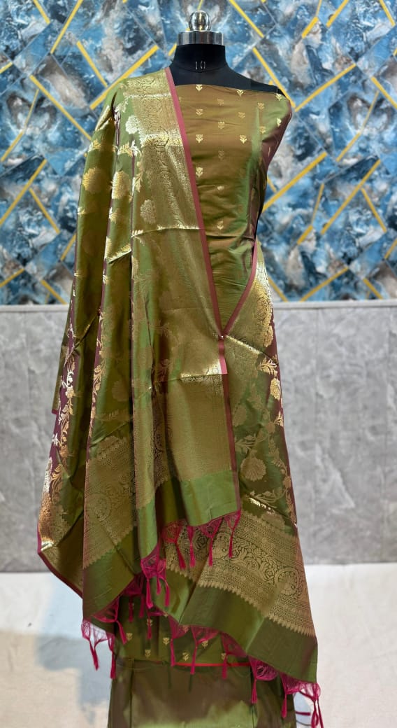 Exclusive Banarasi 3 pc Katan Silk Unstitched Salwar Suit with Dupatta - Leheriya