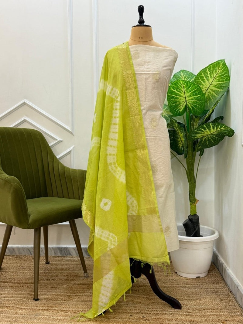 Exclusive Banarasi Chanderi 3 pc Salwar Suit with Tie and Dye Chanderi Dupatta - Leheriya