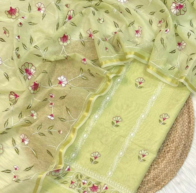 Exclusive Banarasi Unstitched Linen Silk Embroidery Salwar Suit with Dupatta - Leheriya