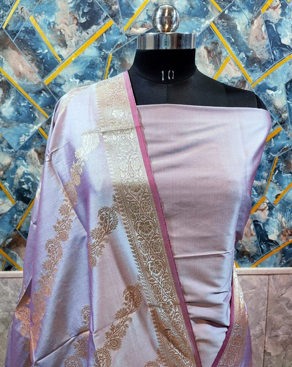 Exclusive Banarasi Unstitched Salwar Suit 3pc with Dupatta - Semi Katan Pushpa Silk - Leheriya