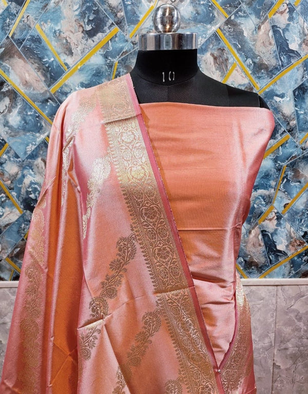 Exclusive Banarasi Unstitched Salwar Suit 3pc with Dupatta - Semi Katan Pushpa Silk - Leheriya