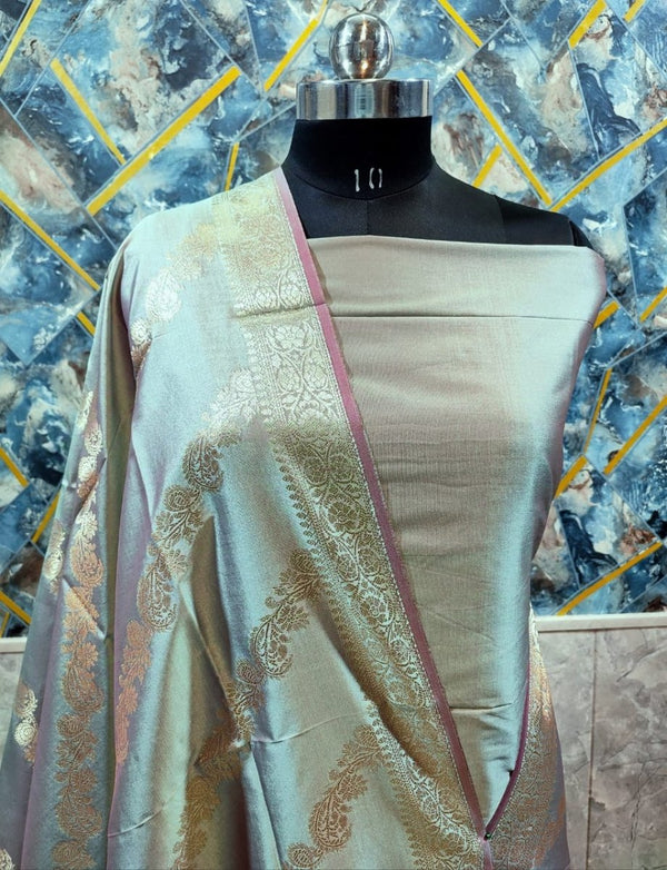 Exclusive Banarasi Unstitched Salwar Suit 3pc with Dupatta - Semi Katan Pushpa Silk - Leheriya