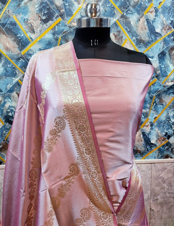 Exclusive Banarasi Unstitched Salwar Suit 3pc with Dupatta - Semi Katan Pushpa Silk - Leheriya