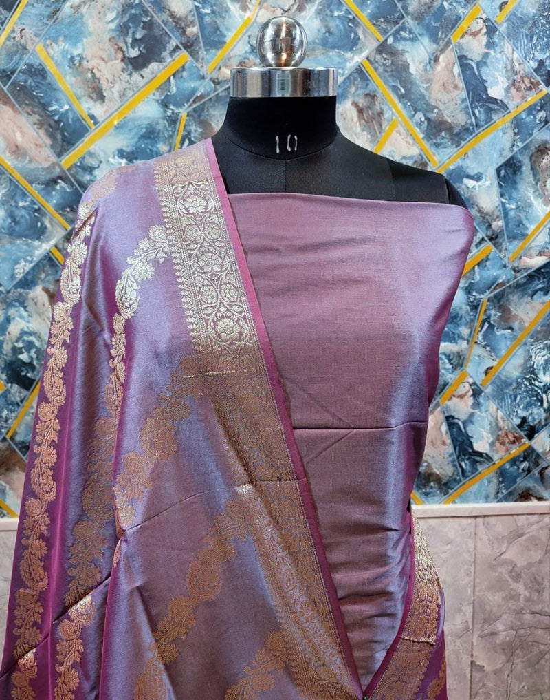 Exclusive Banarasi Unstitched Salwar Suit 3pc with Dupatta - Semi Katan Pushpa Silk - Leheriya